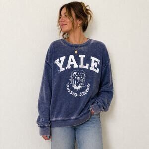 Yale Blue Distressed Bulldog Graphic Crewneck Sweatshirt Sz S